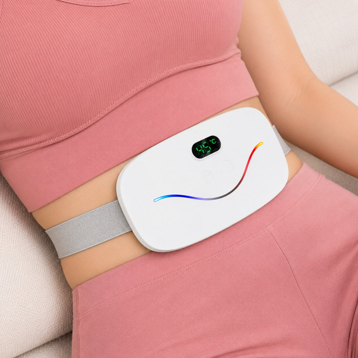 Close up of white heat relief belt on waist
