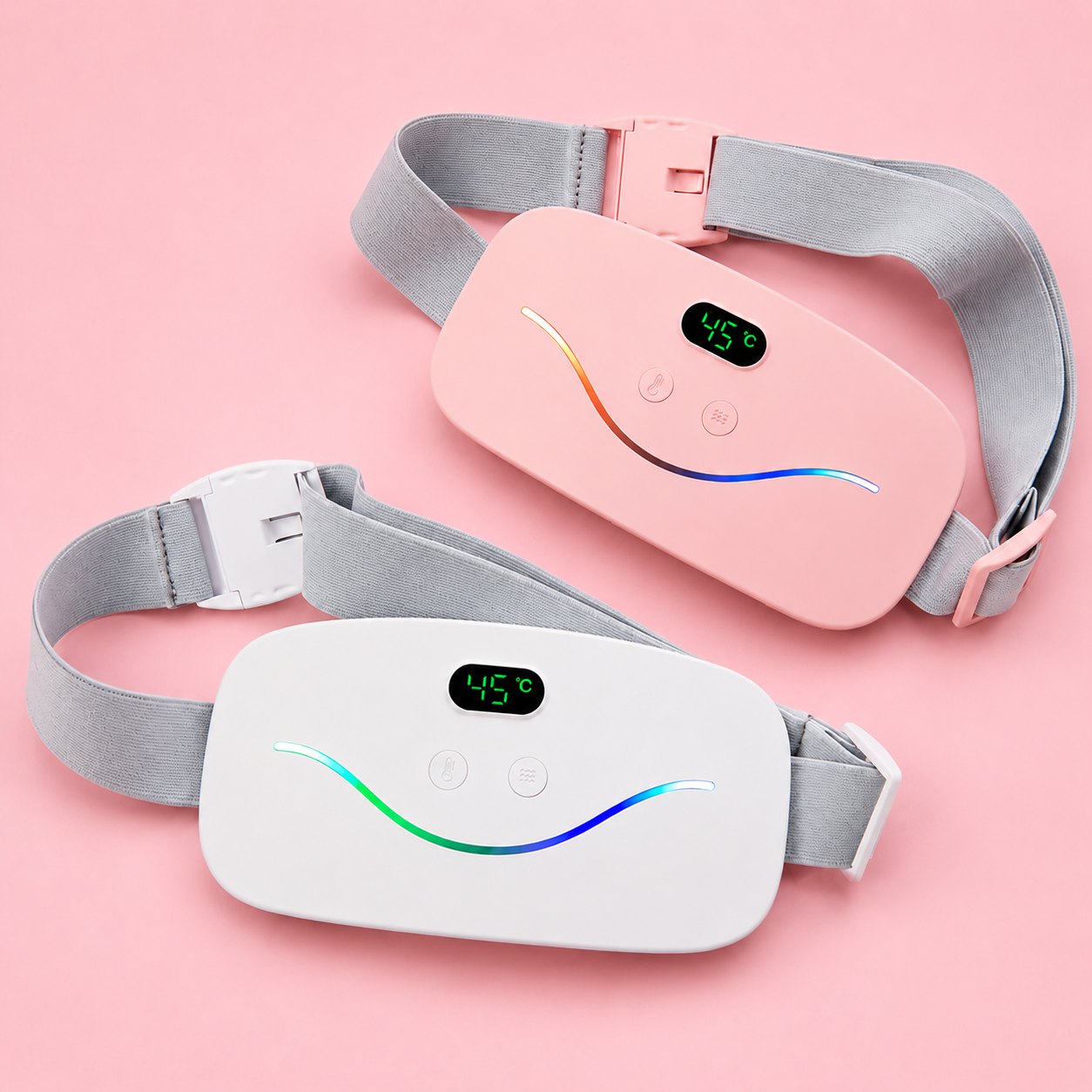 Pink and white menstrual heat relief belts